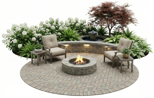 circular backyard patio isolated on a white background. It features a built-in stone fire pit with burning flames, two beige cushioned armchairs with side tables, a curved retaining wall with integrated accent lighting, a small bubbling water fountain, and lush landscaping including white hydrangeas, ferns, hostas, and a red Japanese maple tree.