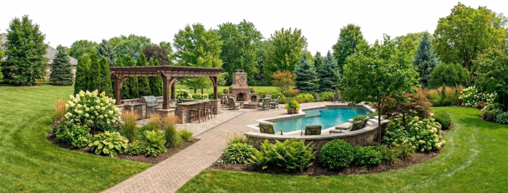 A wide-angle landscape photograph of a luxurious custom backyard patio with a paver walkway, outdoor kitchen under a pergola, stone fireplace and seating area, and a freeform swimming pool with lounge chairs, all surrounded by lush landscaping and trees against a white background.